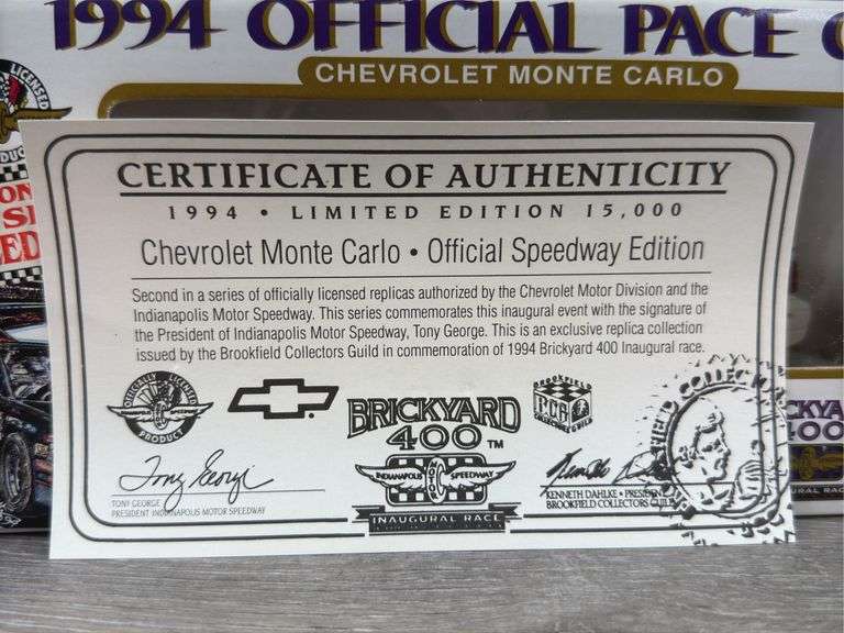 1994 Chevrolet Monte Carlo Brickyard 400 Official Pace Car, 1/24, 2nd In A Series, Certificate Of Authenticity, Official Speedway Edition, Tony George, Brookfield Collectors Guild