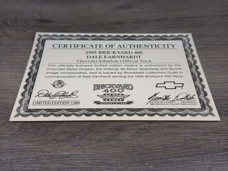 Dale Earnhardt #3 Goodwrench 1995 Official Brickyard 400 Chevrolet Suburban Truck Bank, 1/25, 1 Of 5000, Certificate Of Authenticity, Brookfield Collectors Guild
