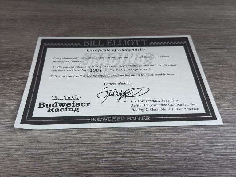 Bill Elliot #11 Budweiser Racing Team Transporter, 1/64, Limited Edition, #1907/3000, Certificate Of Authenticity, Action Racing Collectables