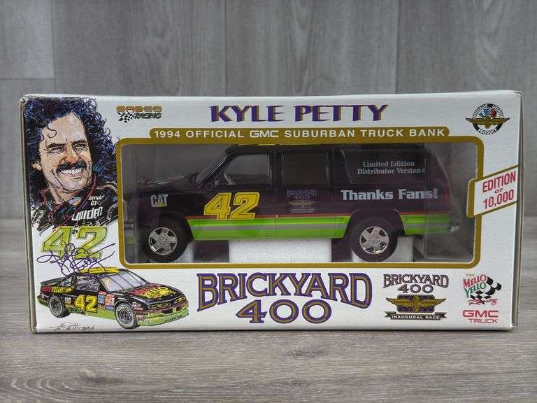 Kyle Petty #42 Mello Yello 1994 Brickyard 400 Inaugural Race Official GMC Suburban Truck Bank, 1/25, 1 Of 10,000, Limited Edition Distributor Version, Brookfield Collectors Guild