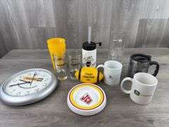 Caterpillar, John Deere Cameco Drinking Glasses & Mugs, Caterpillar Clock-Broken Second Hand, JCB Plate