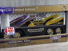 1994 Brickyard 400 Inaugural Race Kenworth Tractor Trailer, 22” Long, Special Limited Edition, #1699/10,000, Certificate Of Authenticity, Buddy L, Buttons Work