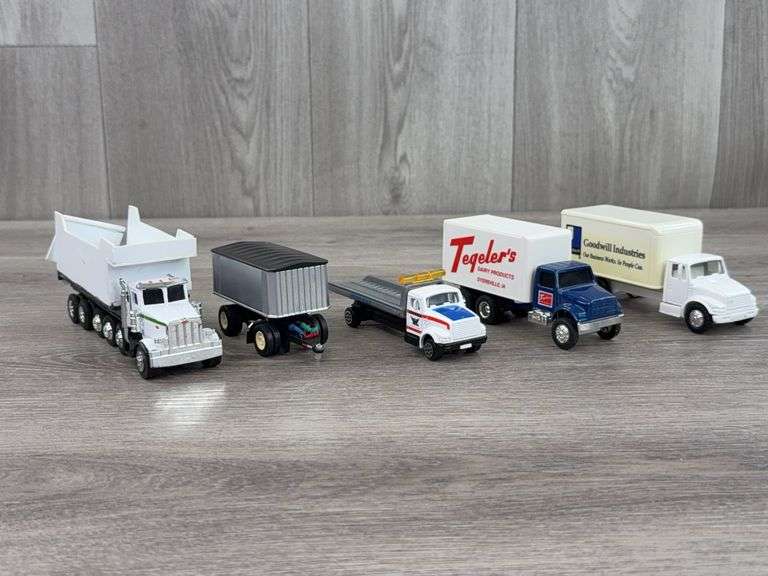 John Deere Peterbuilt Dump Trailer-Needs Repair, Goodwill & Tegeler’s Dairy Delivery Vans, Roadmasters Tilt Car Hauler & Pup Trailer, 1/64, Mostly Ertl