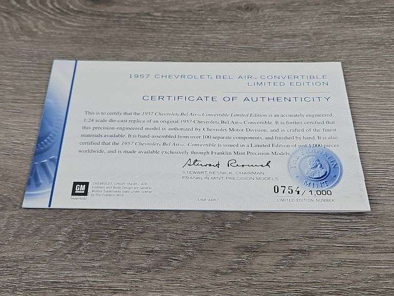 1957 Chevrolet Bel Air Convertible, Canyon Coral, 1/24, Franklin Mint Precision Models, Limited Edition, #1195/1500, No Box