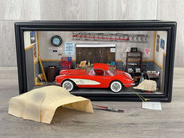 1958 Chevrolet Corvette In ‘The Garage’ Set, Red, 1/24, Certificate of Authenticity, Franklin Mint Precision Models