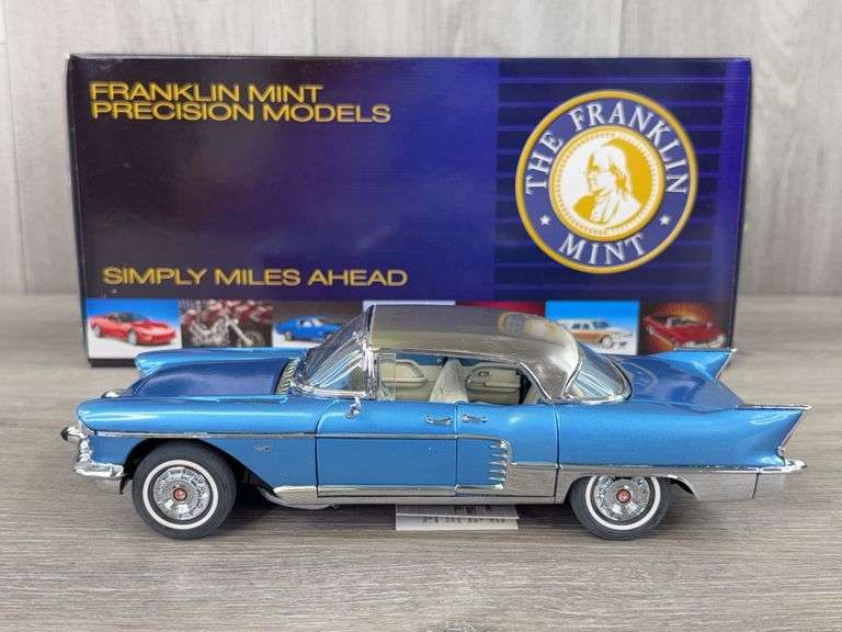 1957 Cadillac Brougham, Blue/Silver Roof, 1/24, Franklin Mint Precision Models, Certificate Of Authenticity, #2354/2500, Limited Edition, Collector Portfolio, Outer Shipping Box Included