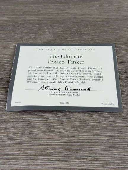 Mack CH 613 Ultimate Texaco Tanker,  1/43, Franklin Mint Precision Models, Certificate Of Authenticity