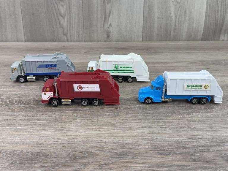 2 Recycle America Dump Trucks-1 Hot Wheels, 1 Road Champs,  Waste Management Dump Truck-Road Champs, USA Waste Services Dump Truck-Road Champs, 5”