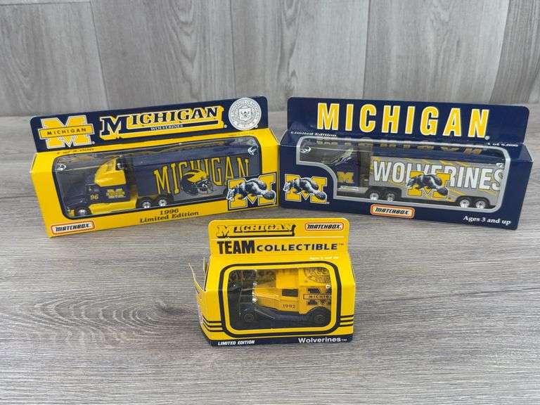 2 Michigan Wolverines Tractor Trailers-8", 1996 & 1997 White Rose Collectibles, Matchbox; 1992 Michigan Ford Model A-3", Matchbox