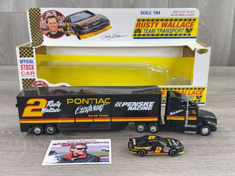 Rusty Wallace #2 Pontiac Excitement Penske Racing Team Transporter W/Stock Car & Collector Card, 1/64, Road Champs, Plastic Not Attached