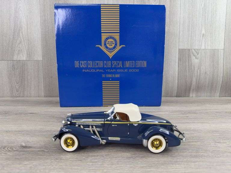 1935 Auburn 851 Speedster, Blue, 1/24, Franklin Mint, Certificate Of Authenticity, #3221/9900, Collector Portfolio, Die-Cast Collector Club Special Limited Edition, 2002 Inaugural Year Issue