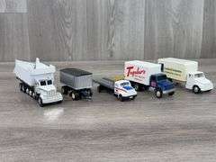 John Deere Peterbuilt Dump Trailer-Needs Repair, Goodwill & Tegeler’s Dairy Delivery Vans, Roadmasters Tilt Car Hauler & Pup Trailer, 1/64, Mostly Ertl