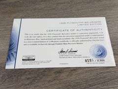 1958 Plymouth Belvedere Convertible, Blue, 1/24, Franklin Mint Precision Models, Certificate Of Authenticity, Limited Edition, #596/2500, Collector Portfolio, Outer Shipping Box