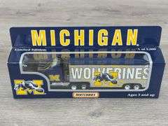 2 Michigan Wolverines Tractor Trailers-8", 1996 & 1997 White Rose Collectibles, Matchbox; 1992 Michigan Ford Model A-3", Matchbox