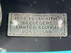 1958 Plymouth Belvedere Convertible, Teal, 1/24, Franklin Mint Precision Models, Certificate Of Authenticity, Limited Edition, #253/2500, Collector Portfolio, Outer Shipping Box