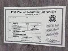 1958 Pontiac Bonneville Convertible, Mallard Turquoise/Marlin Turquoise, 1/24, Danbury Mint, Certificate Of Title