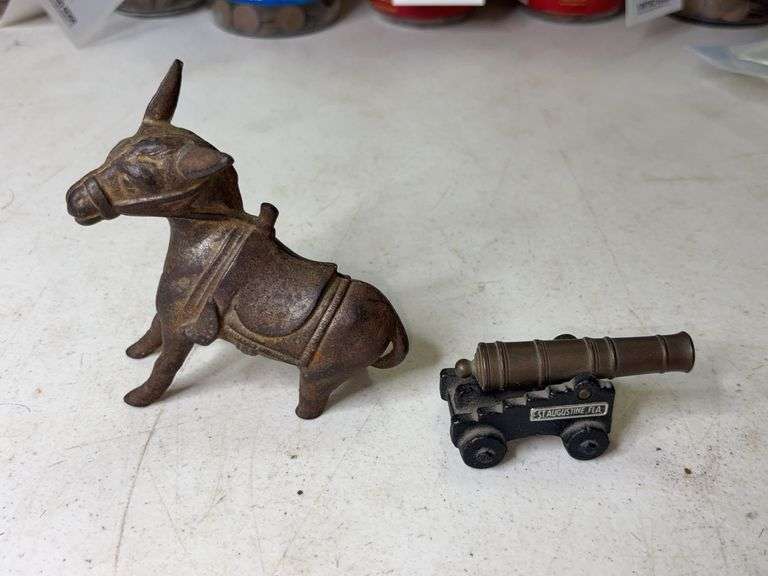 Brass & Cast Mini Cannon Replica and Broken Cast Iron Mule Coin Bank