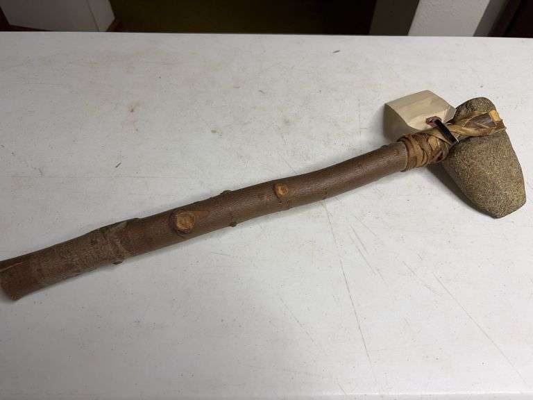 Stone Head Axe With Wooden Shaft 18in Long