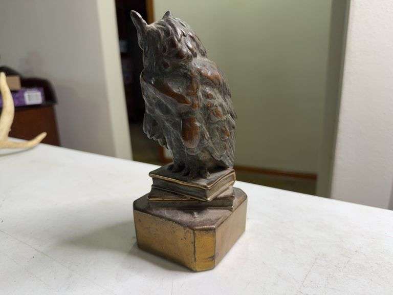 Brass Owl Sculpture Figural On Stacked Books