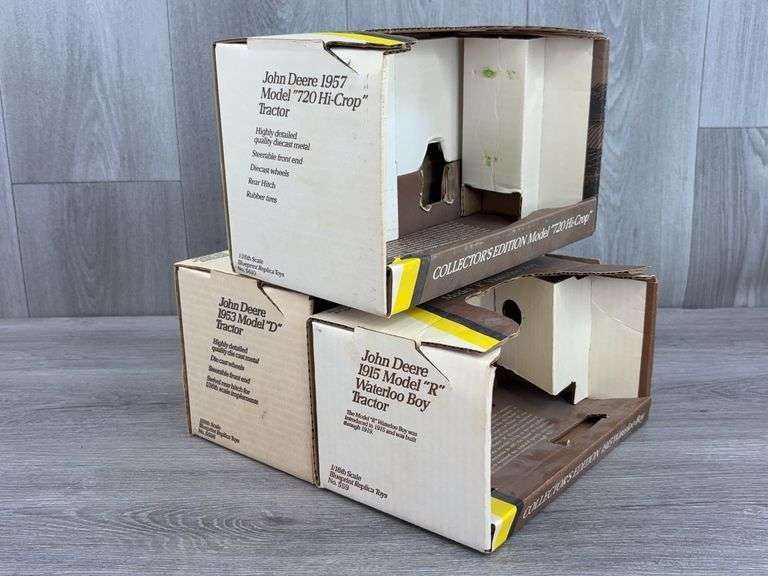 John Deere 1915 Waterloo Boy-Stock #559, 720 Hi-Crop-Stock #5610 & 1953 Model D-Stock #5596 Empty Boxes, 1/16, Ertl, Collector’s Edition