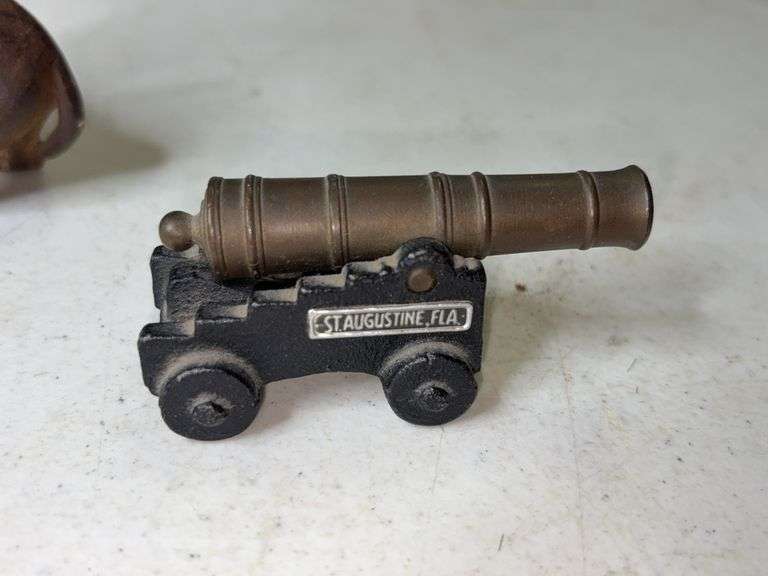 Brass & Cast Mini Cannon Replica and Broken Cast Iron Mule Coin Bank