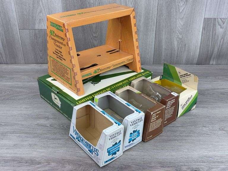 John Deere DC-3 Airplane Empty Box-SpecCast; Model A 40th Anniversary Empty Box, 1/16; JD Model A & 630LP, MH 44 & Case 500 Empty Boxes-1/43, Ertl; JD Cotton Picker Empty Box-1/80