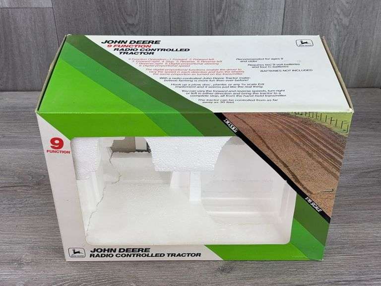 Empty Boxes-John Deere RC, 6410 W/Loader & 1923 D-1/16; Trailfire Snowmobile-1/10, Truck Bank-1/25; Gearbox Gas Pump; Miniature Toy Tractors-1/64
