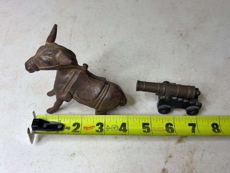 Brass & Cast Mini Cannon Replica and Broken Cast Iron Mule Coin Bank