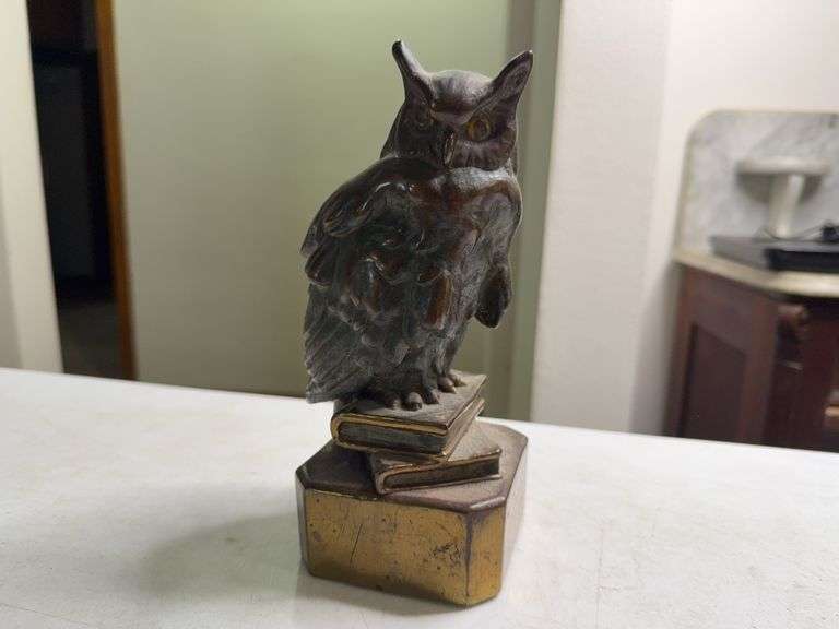 Brass Owl Sculpture Figural On Stacked Books