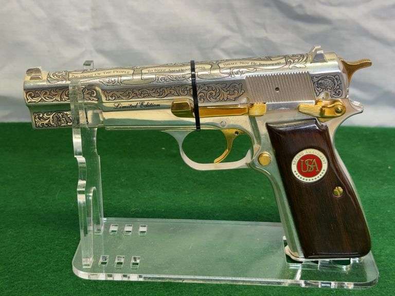 Second Amendment Commemorative Browning Hi Power .40 S&W Semi Auto Pistol, Serial# SA240, 5” Barrel, Wooden & Glass Case, Limited Edition, Plastic Case For Gun & Extra Magazine Included, Original Pape