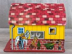 Marx Toys Tin Barn W/Working Door, 10 1/2”Wx8 1/4”Dx7 3/4”H