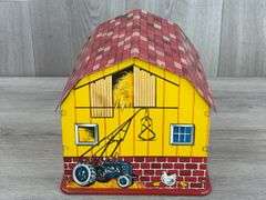 Marx Toys Tin Barn W/Working Door, 10 1/2”Wx8 1/4”Dx7 3/4”H
