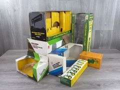 Empty Boxes-John Deere RC, 6410 W/Loader & 1923 D-1/16; Trailfire Snowmobile-1/10, Truck Bank-1/25; Gearbox Gas Pump; Miniature Toy Tractors-1/64