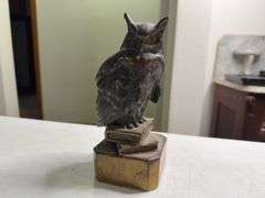 Brass Owl Sculpture Figural On Stacked Books