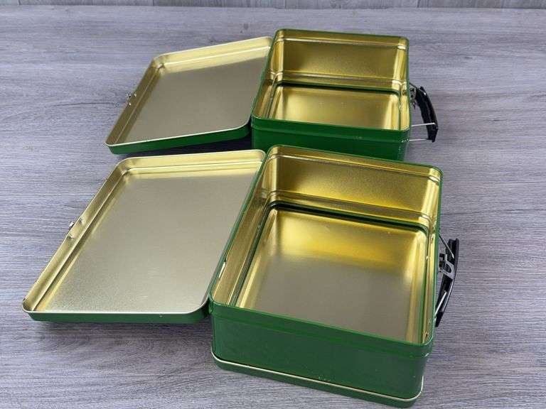 2 John Deere Metal Lunch Pails, 7 3/4” Wide