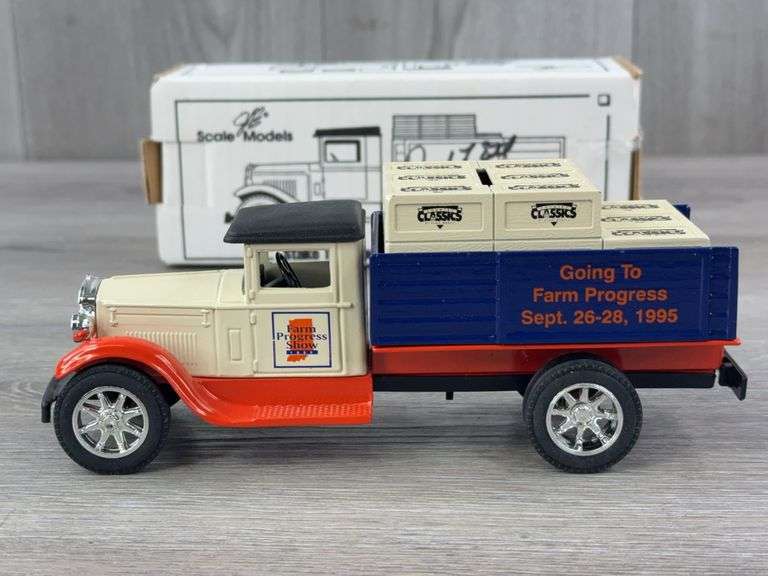 1995 Going To Farm Progress Stake Truck Bank W/Crates, 7 3/4” Long, Box & Toy Signed By Joseph L. Ertl, Scale Models, Serial #169