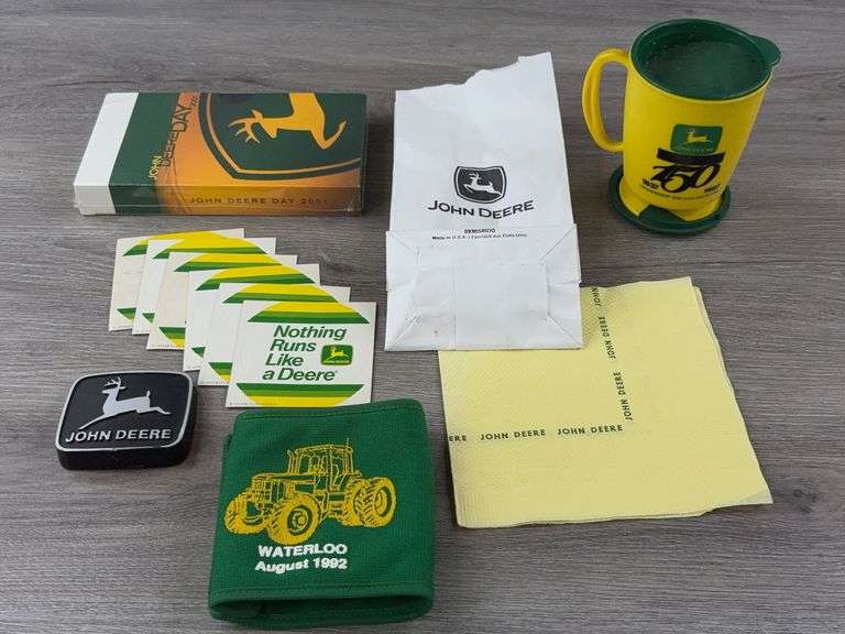 John Deere Coozie, VCR Tape, Paper Bag, Hitch Cover, Stickers & Cup