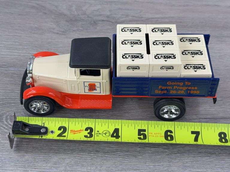 1995 Going To Farm Progress Stake Truck Bank W/Crates, 7 3/4” Long, Box & Toy Signed By Joseph L. Ertl, Scale Models, Serial #169