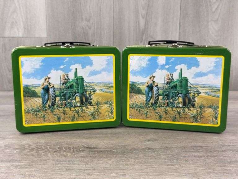 2 John Deere Metal Lunch Pails, 7 3/4” Wide