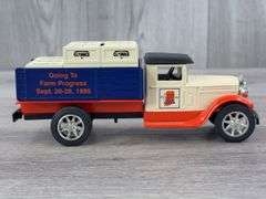1995 Going To Farm Progress Stake Truck Bank W/Crates, 7 3/4” Long, Box & Toy Signed By Joseph L. Ertl, Scale Models, Serial #169