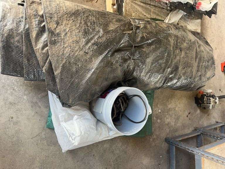 Assorted Utility Tarpaulins with Bungee Cords and Storage Bucket
