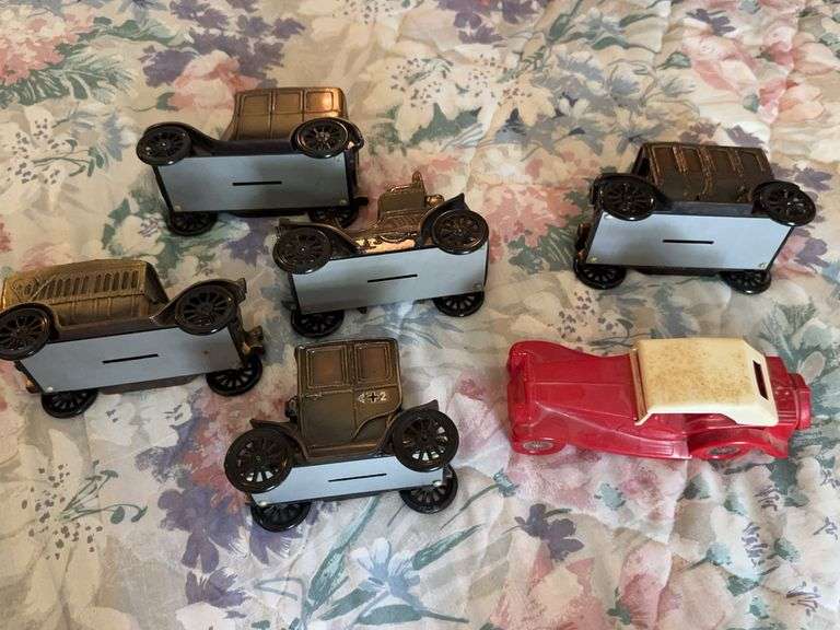 Banthrico Metal Automobile Coin Banks and Avon 1936 MG Decanter Lot