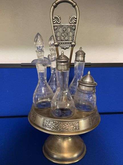 Antique Victorian Silver Plate Castor Stand Cruet Set Etched Glass Bottles