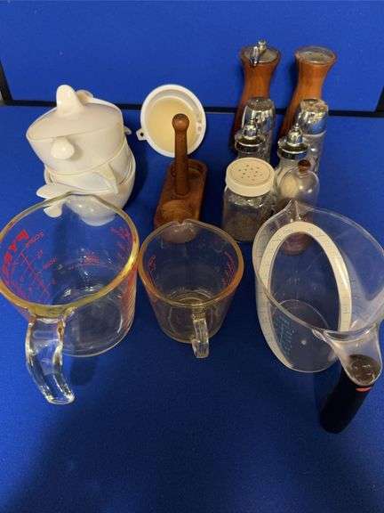 Assorted Kitchenware Lot Pyrex Measuring Cups Canisters and Grinders