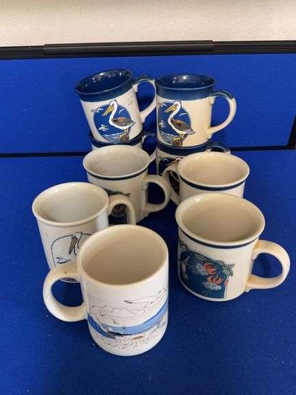 Collection of Nine Ceramic Bird Illustration Coffee Mugs