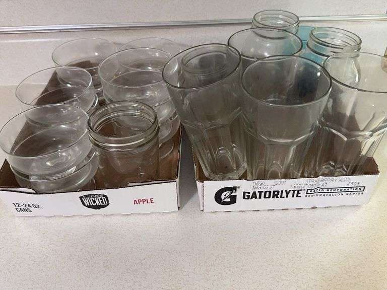 Assorted Clear Glassware Lot Paneled Highballs Dessert Bowls Mason Jars