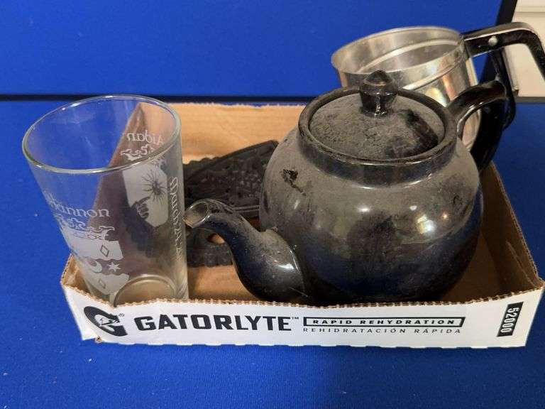 Mixed Lot Black Glazed Redware Teapot Cast Iron Trivets Flour Sifter Glass
