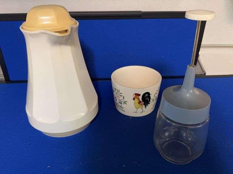 Vintage Kitchenware Lot Thermal Carafe Glass Chopper Rooster Bowl