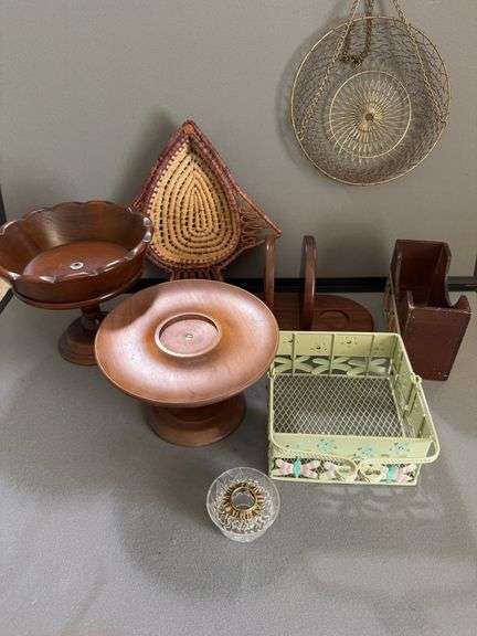 Collection of Turned Wooden Pedestals Hanging Wire Basket and Table Accessories