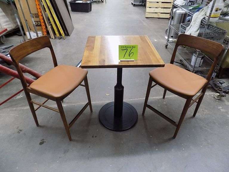 Two Wooden Chairs W/po;yurethane Seats & Small Wood Topped Table